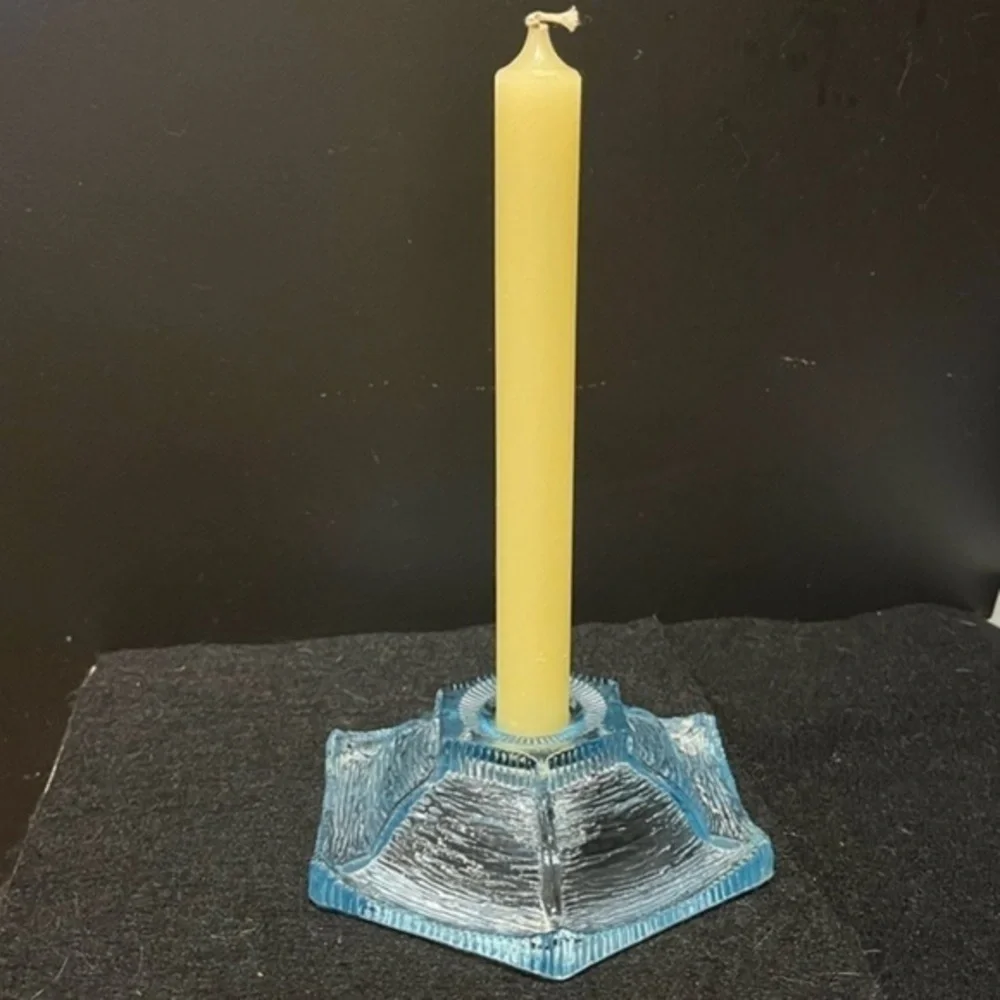 Vintage LE Smith Ice Blue Etched Glass Candlestick Holder